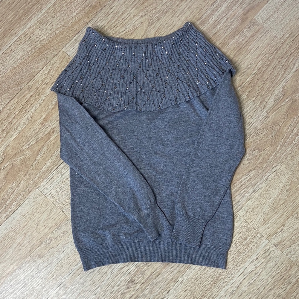 Elegant Charcoal Off-the-Shoulder studded embellished Sweater